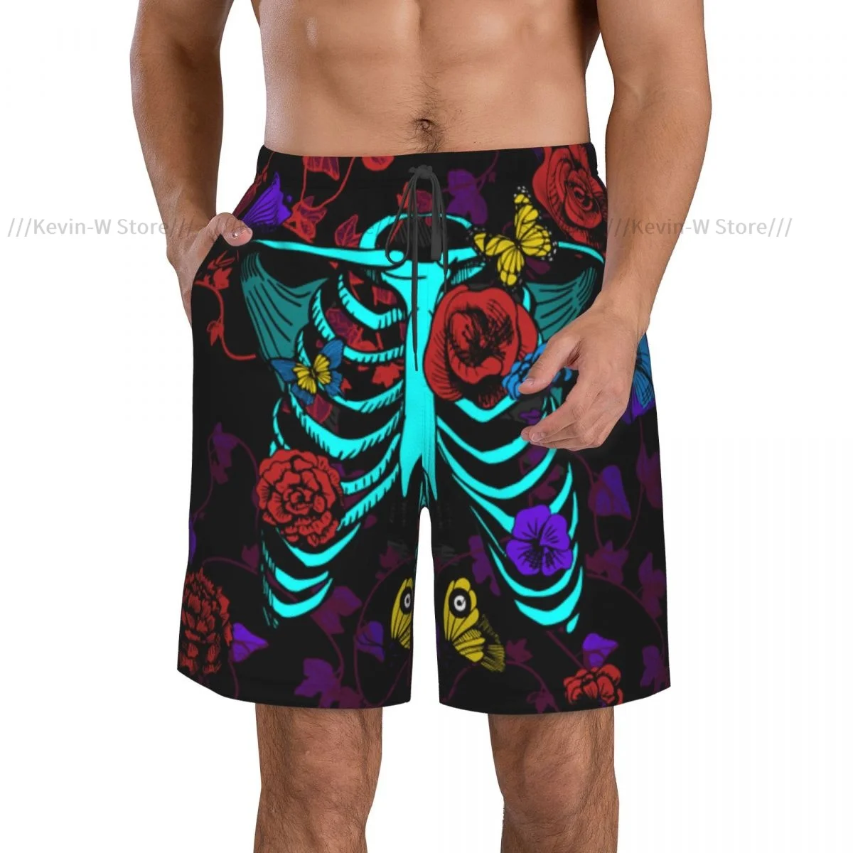 Swimwear Mens Swim Beach Swimming Trunks For Man Bones Of Chest With Plants Flowers Butterflies Swimsuit Surf Board Bathing Suit