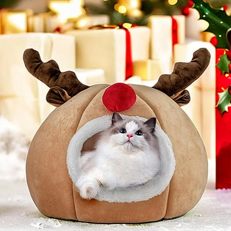Christmas Reindeer Dog Nest With Soft Cushion Semi-Enclosed Cat House Bed Winter Warm Pet Cave Supplies For Puppy And Dogs