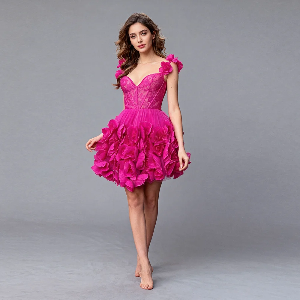 

Elegant Long Party Dresses Pink Off Shoulder 3D Floral Lace Corset A-Line Mini Prom Dress Sharon Happy Evening Dresses ES6417D