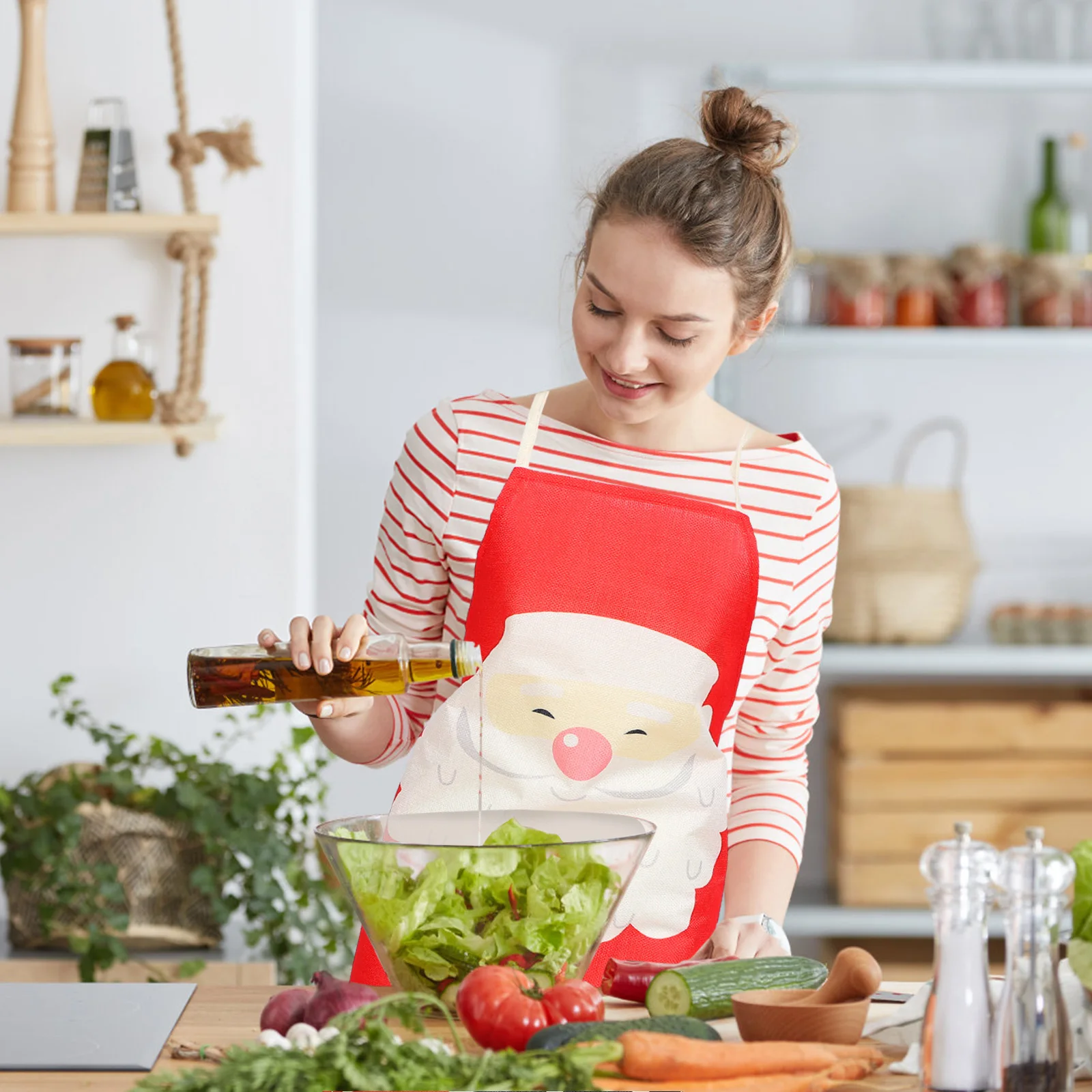 

1 pc Red Christmas Apron Santa Claus Print Kitchen Cooking Costume Party Dressing Adjustable Santa Outfit Festival Home Use