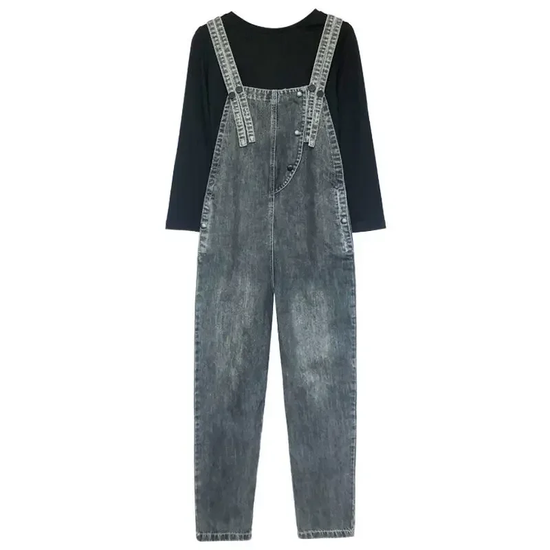 Spring Autumn New European Goods Overalls Women's Loose Women's Western Style Age-reducing Straight Denim Overalls