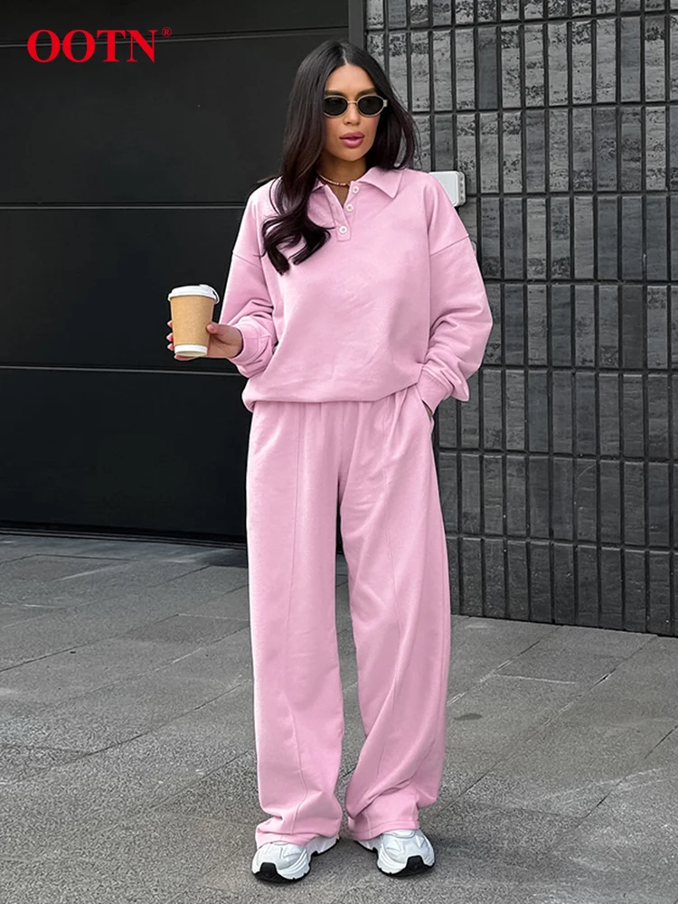 OOTN Autumn Knitted Loose Pants Suits Women 2024 Fashion Pink Long Sleeve Pullover Tops Casual Straight Long Pants Sets 2 Pieces