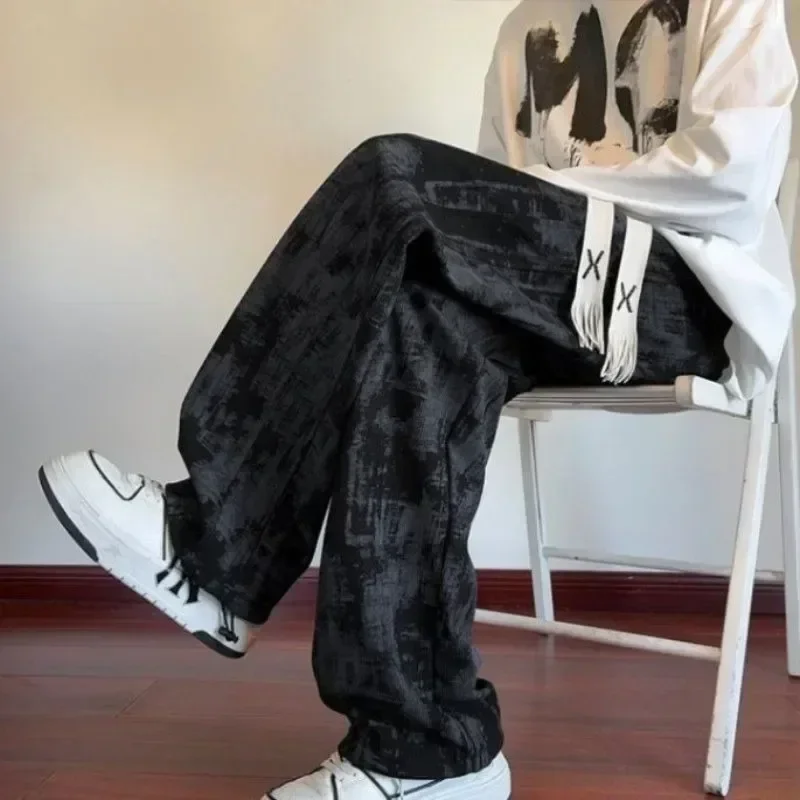 Corduroy Mens Drawstring Pants Straight Leg Tie Dye Warm Casual Trousers