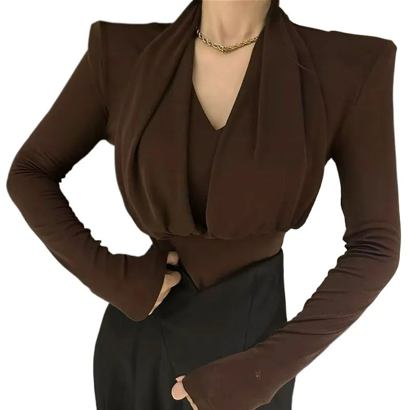 

Новинка осени/зимы 2026, утепленная футболка с базовым слоем для женщин с лямкой на шее, футболка с v-образным вырезом и длинными рукавами для женщин