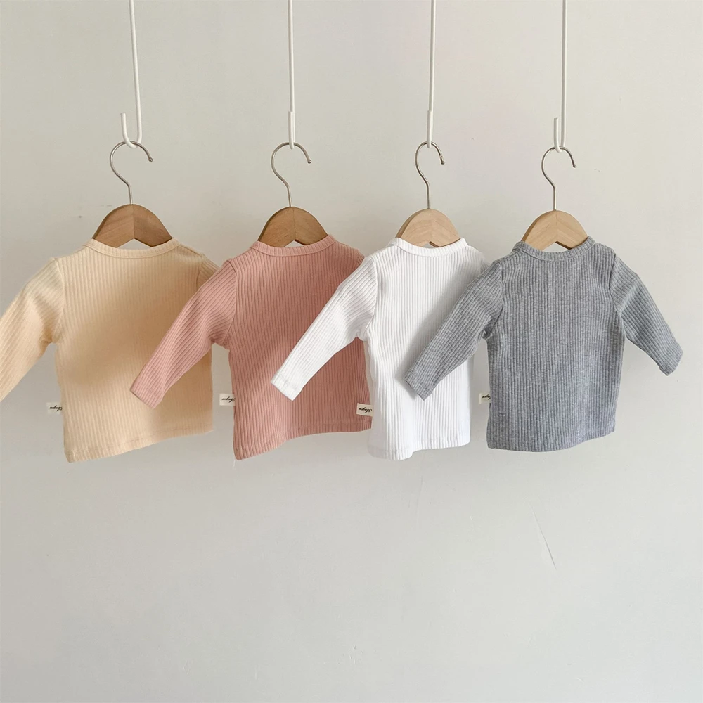 Baby Girls Long Sleeve T-shirts Cotton Solid  Pit Striped Tee Round Neck Spring Autumn Toddler Baby Clothes Korean Style Tops