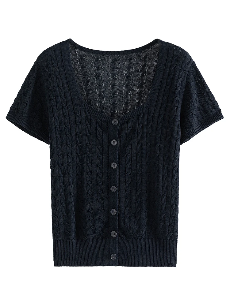 DUSHU Women Summer Short Sleeve Knitwear Black Temperament Square Neck Female Knitted Tees Single Breasted Knit Tops 24DS82839