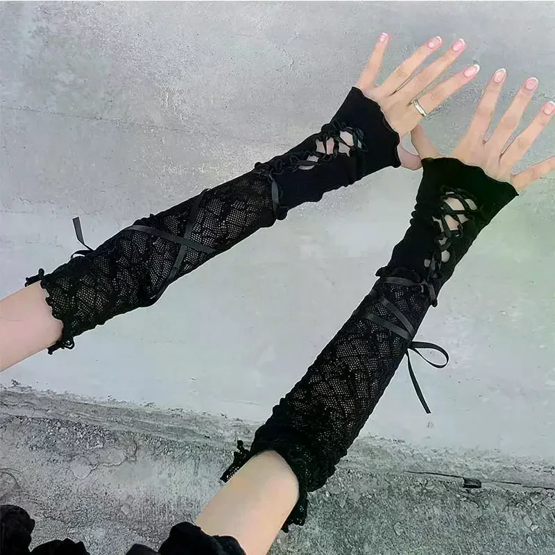 

Женские кружевные перчатки без пальцев, черные готические DIY ремешки, солнцезащитный крем, аксессуары для одежды, эластичные сетчатые перчатки в стиле панк