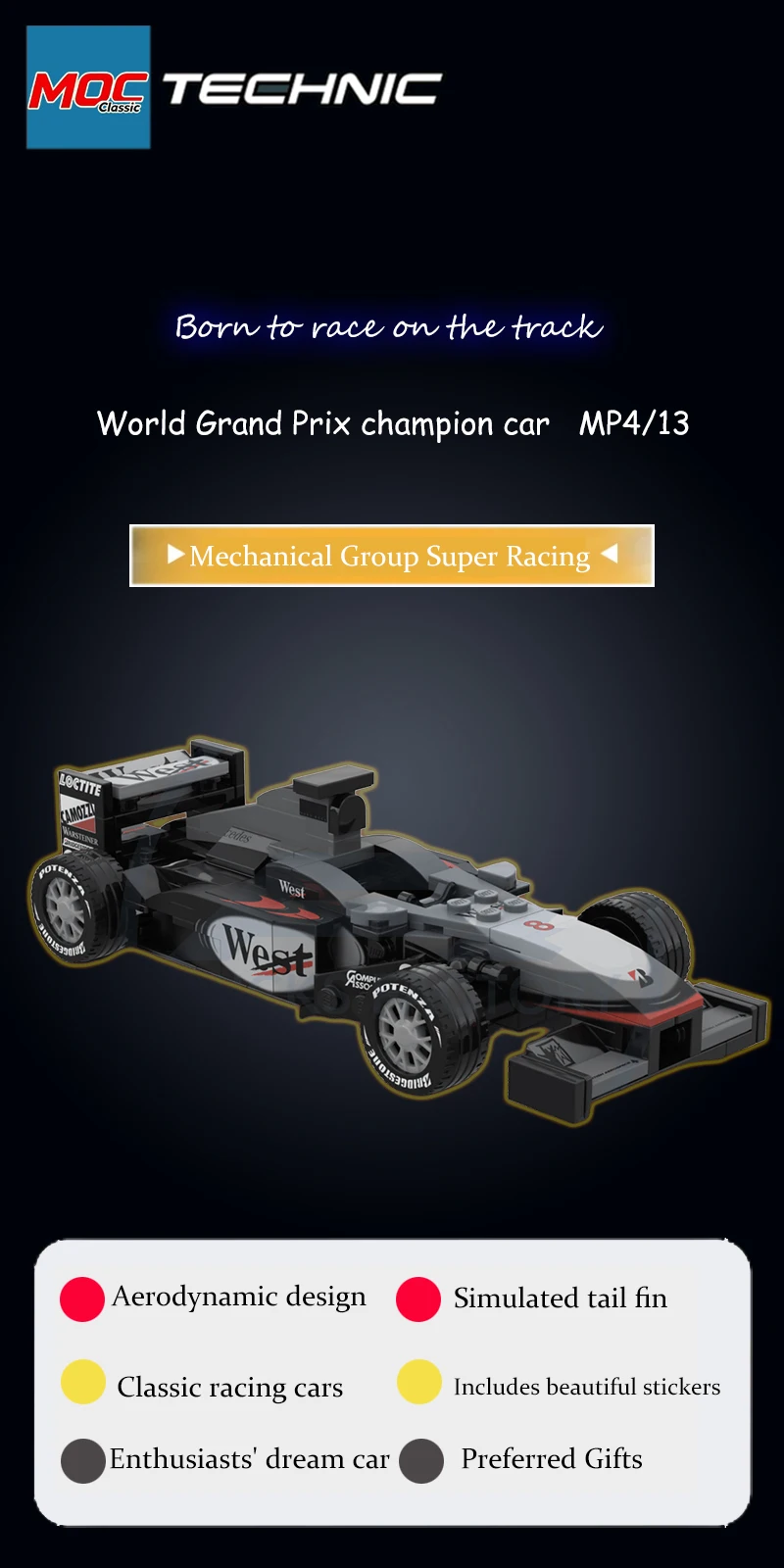 Custom MOC 8-Stud Champion Racing Car  MP4/13 Technic Model - Trendy Educational Toy, A Must-Have for Car Enthusiasts