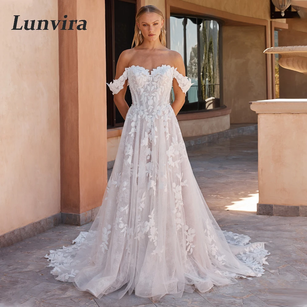 Lunvira Fancy Lace Appliques Wedding Gown Sweetheart Pearls Off the Shoulder Lace Button Vestido De Casamento Customized