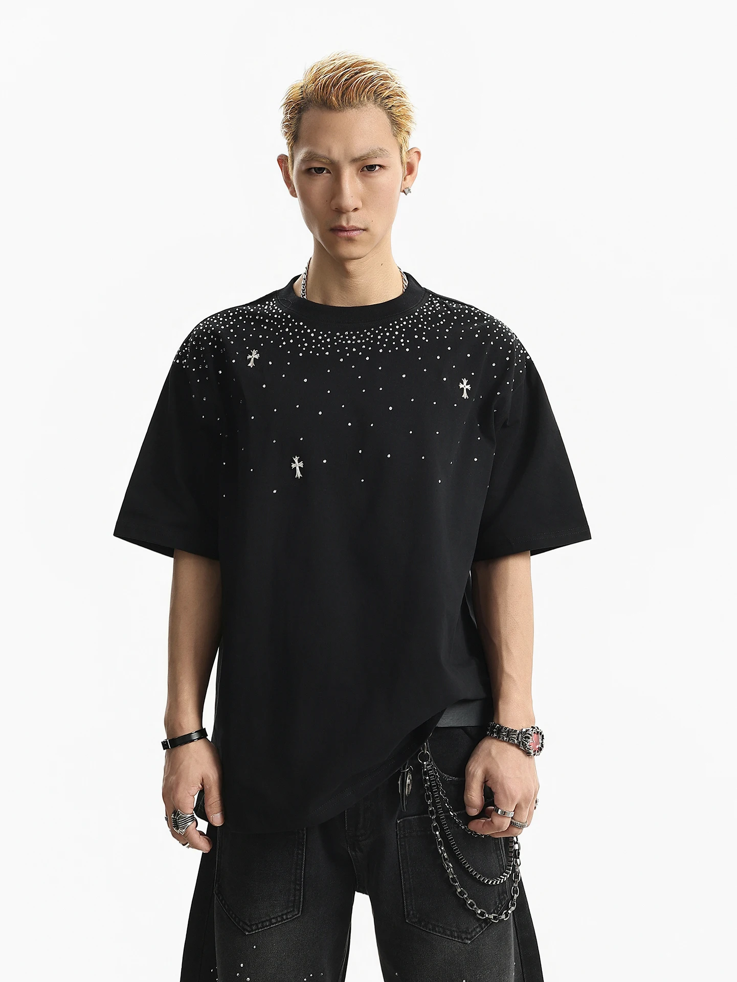 

BETEBULE American High Street Cross Rhinestone Short Sleeve T-Shirt Men Summer Vintage Trend Loose round Neck Top