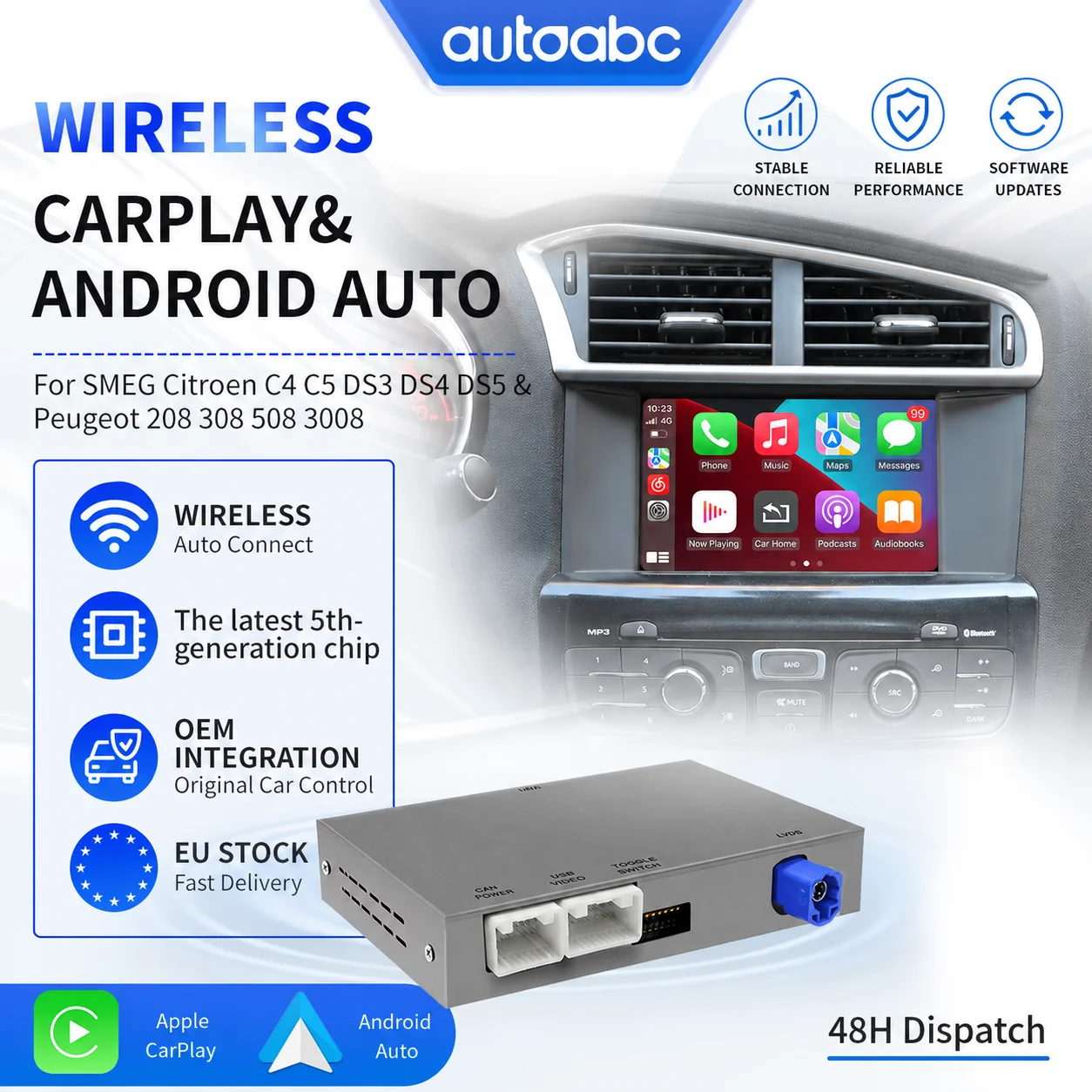 Boîtier d'interface CarPlay sans fil pour Citroën C4, C5, DS3, DS4, DS5 et Peugeot 208, 308, 508, 3008 ; module décodeur Android Auto prenant en charge AirPlay, la navigation, le GPS et le Bluetooth.