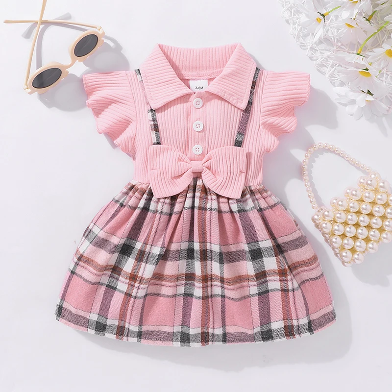 Summer Newborn Girl Fashion Princess Dress Pink Stripe Flip Collar Flying Edge Sleeves Checkered Print Bow Dress 3-24M