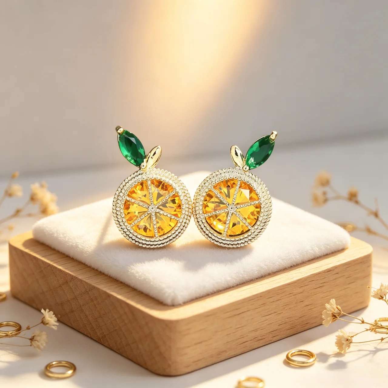 MOJOY Cute Orange Fruit Stud Earrings for Women Yellow Crystal Green Leaf Rhinestone Gold‑Tone Party Ear Jewelry