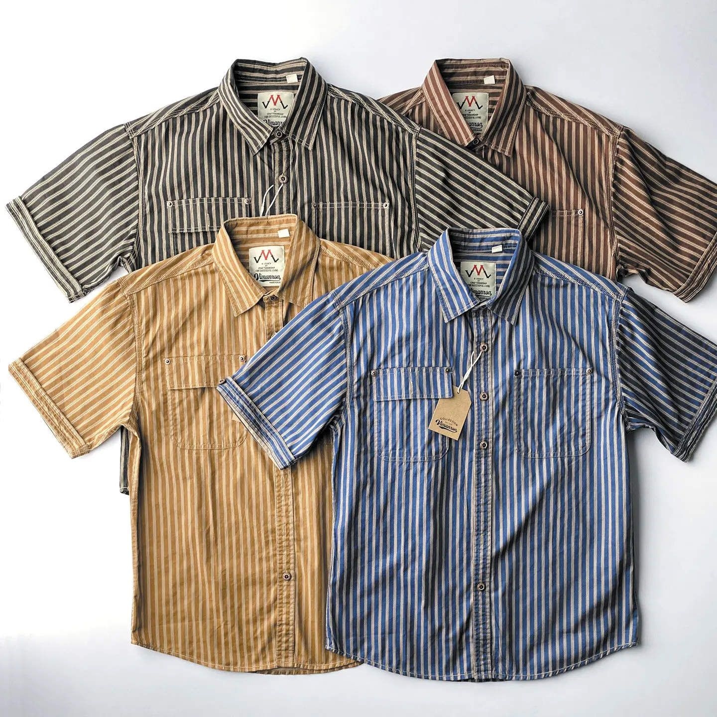 Summer New Japanese Retro Short Sleeve Lapel Striped Cargo Shirt Men's Simple 100% Cotton Washed Double Pocket Casual Loose Tops