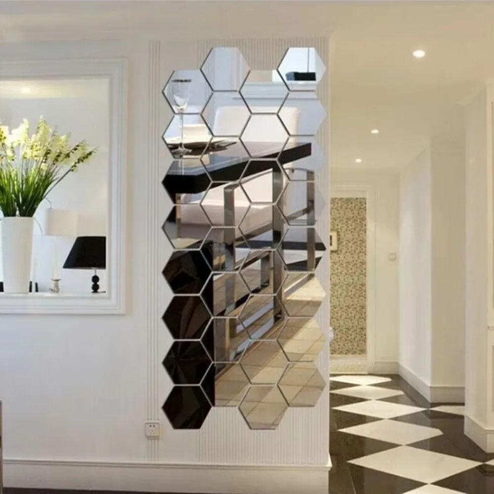 

12PCS/Lot Removable Geometric Mirror Wall Stickers - Solid Hexagonal Shape, DIY with Built-in Adhesive for Home Decoration