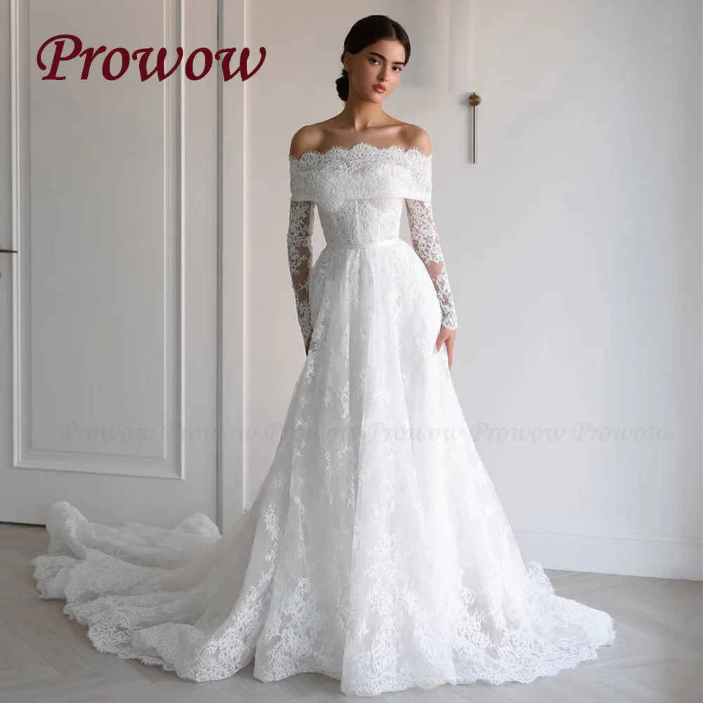 

Prowow Luxury Full Lace Customized Wedding Dresses Long Sleeves Off The Shoulder Formal Bridal Gowns Women Formal Party Bride