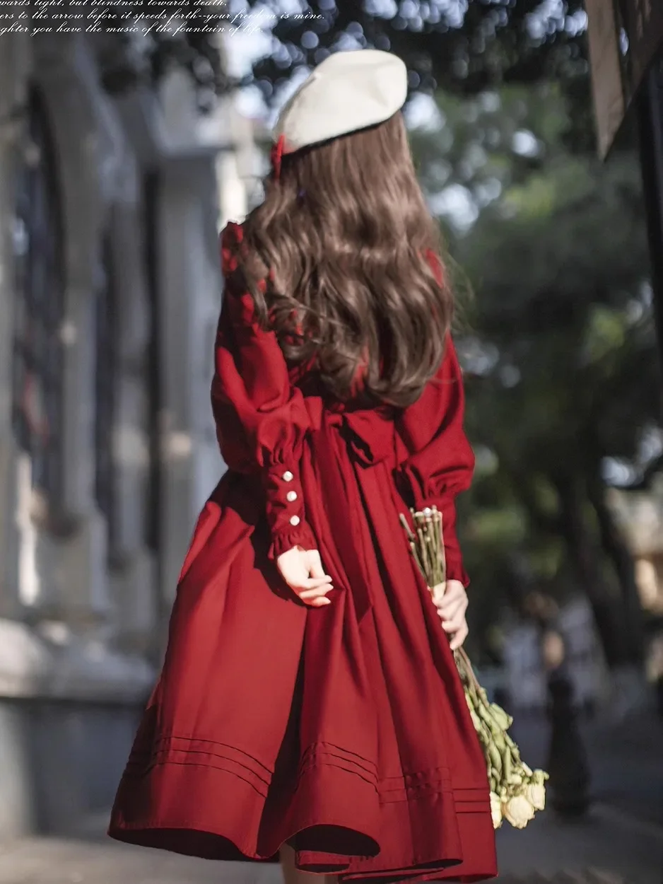 Japonês retro elegante babados gola boneca manga longa cintura alta bordado rendas magro a linha lolita vestido longo feminino primavera