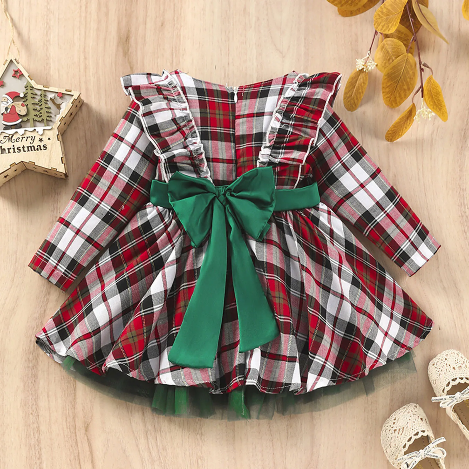 Girls 'Christmas Long Sleeve Plaid Prints Vestido de princesa, Xmas Party, Back Bowknot, Babados Vestidos, Outono, Inverno