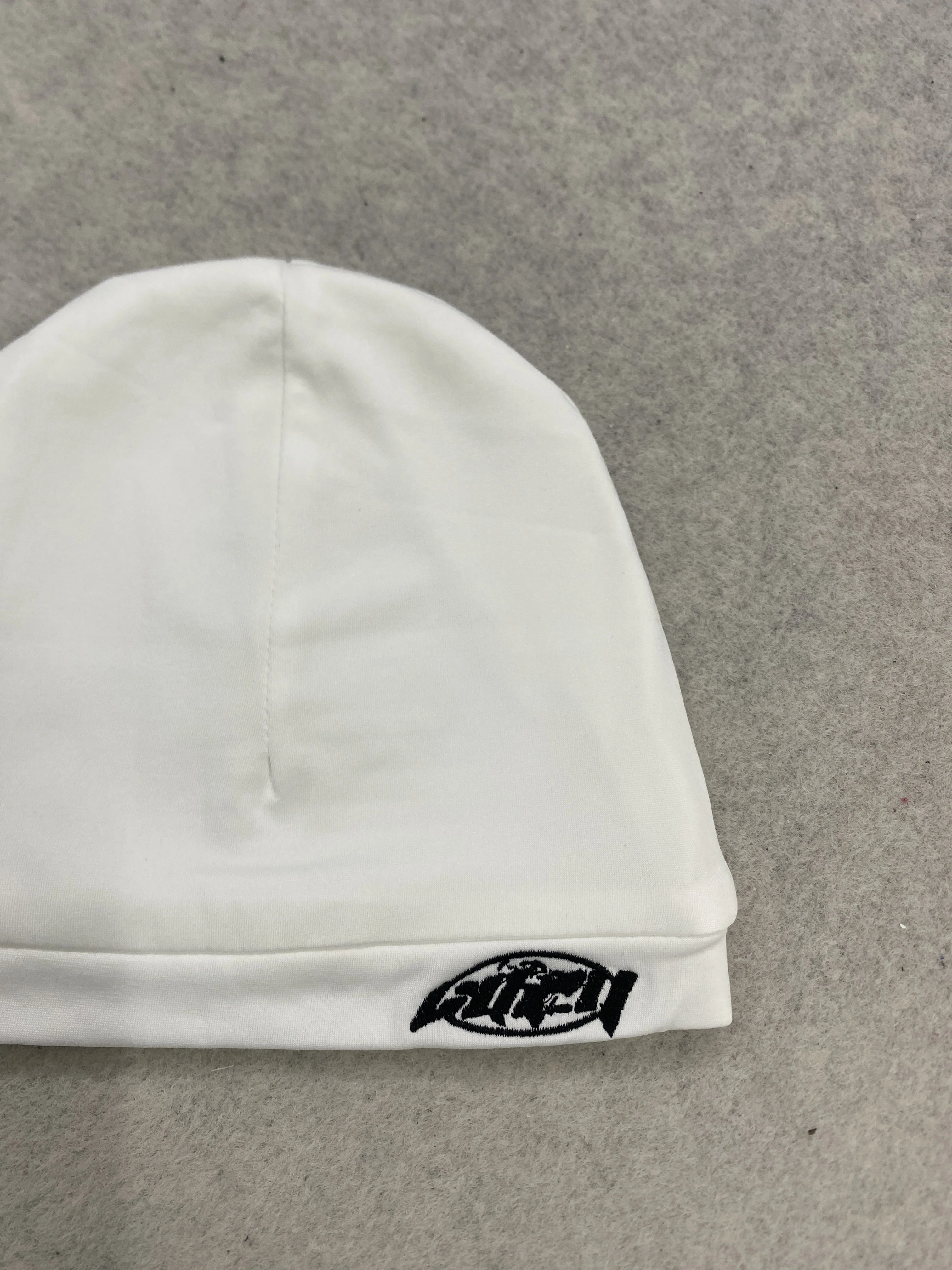 Unisex White Beanie Hat with Embroidered Logo - Soft Warm Winter Knit Cap for Men Women