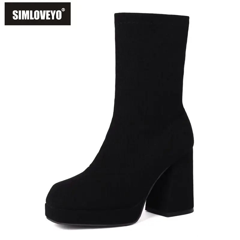 SIMLOVEYO Women Stretch Boots Square Toe Block Heels 9cm Platform Slip On Plus Size 45 46 47 Korea Fashion Dating Mid Calf Bota