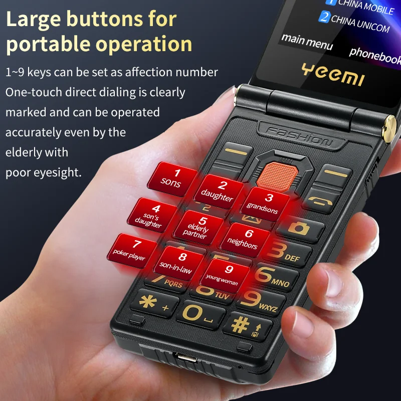 2G Outdoor Folding Senior Phone With Strong Battery Two Big Display Dual Sim Large Button SOS Key Speed Dial Loud Voice Phone