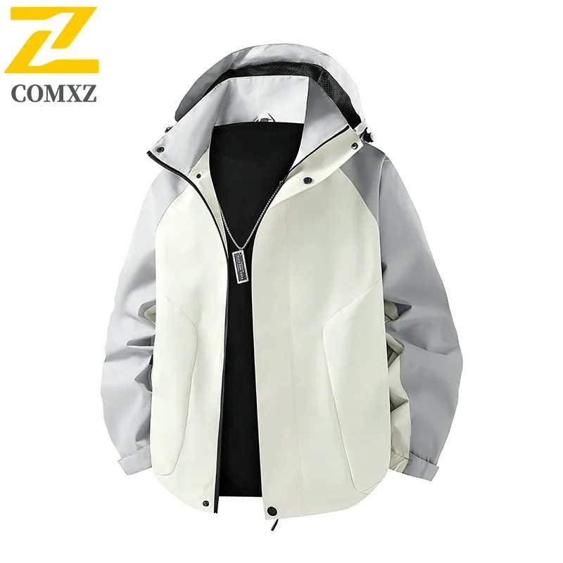 

COMXZ Men Detachable Hood Windbreaker Loose Fit Waterproof Jacket Spring Autumn Outdoor Windproof Sport Coat Lightweight Hiking
