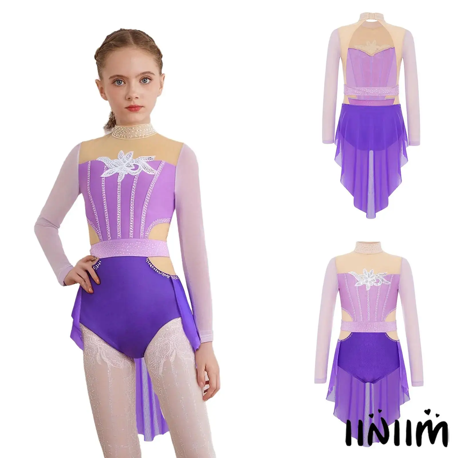 

Kids Girls Gymnastics Ballet Ballroom Dance Costume Long Sleeve Sequin Applique Mesh Skirted Leotard for Ice Skating Performance