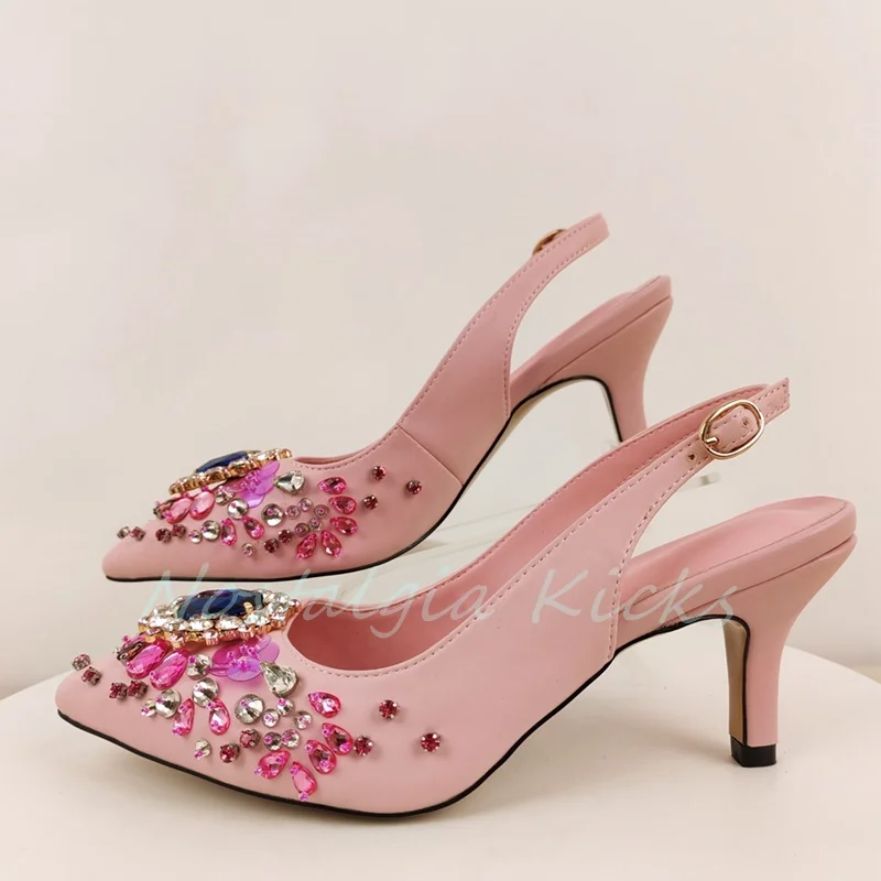 2024, розовые сверкающие сандалии со стразами и острым носком, вечерние модельные туфли на высоком каблуке-шпильке с открытой пяткой, элегантная пикантная женская обувь