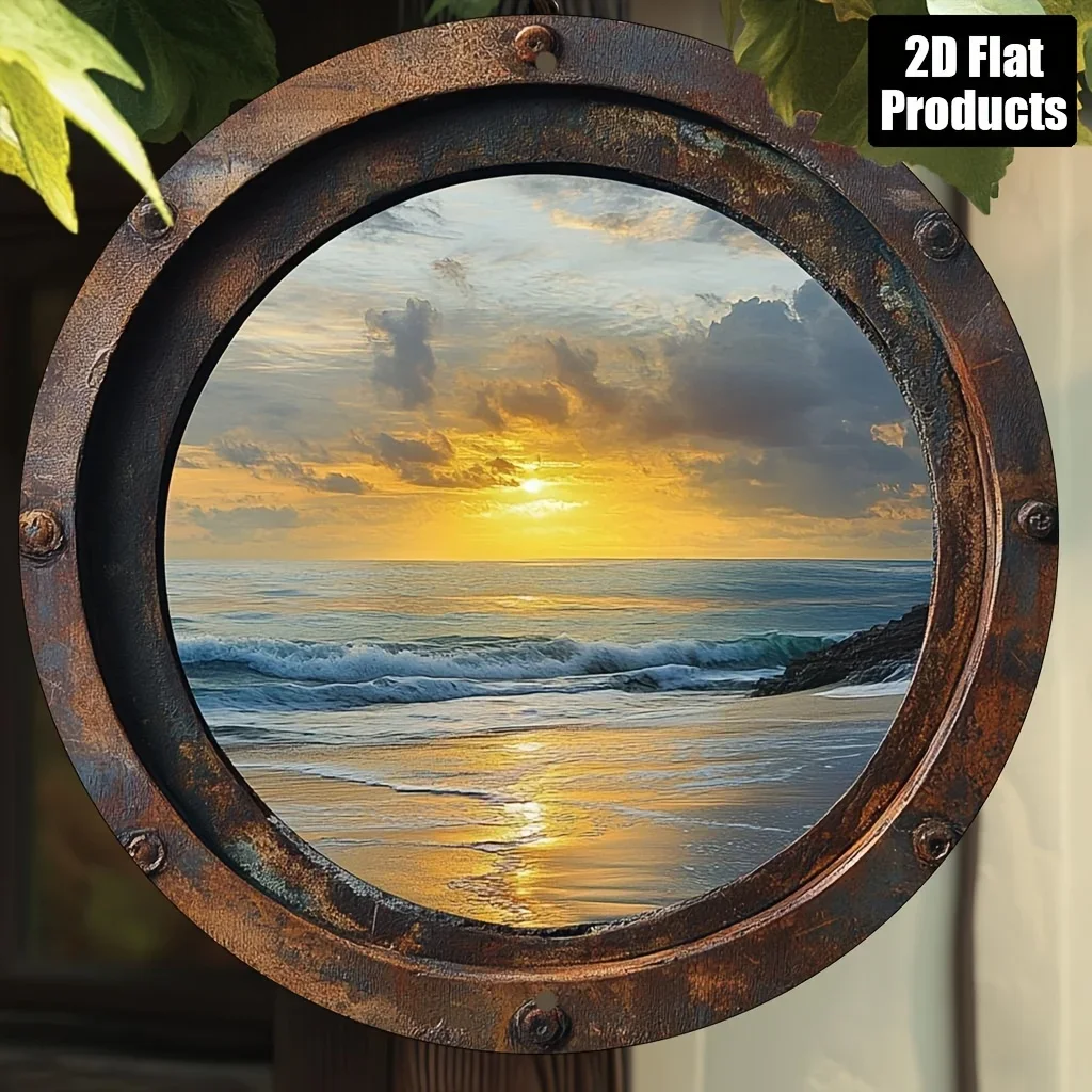 Vintage Ship Porthole Sunset Beach Sea View Round Tin Sign, 1pc 2D Flat Nautical Illusion Metal Wall Plaque, 20cm Coastal Home D