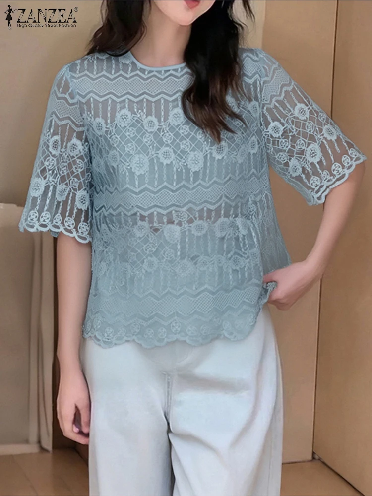 ZANZEA 2025 Camicetta di pizzo estiva Donna Mezza manica Camicie patchwork casual Moda elegante Office Lady OL Top Tunica Blusas allentate