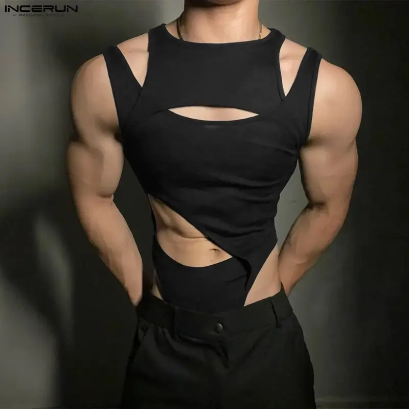 

INCERUN Men's Bodysuit Solid Color Hollow Out Irregular Bodysuits For Man Summer Sleeveless Sexy Fashion Men Rompers Playsuits