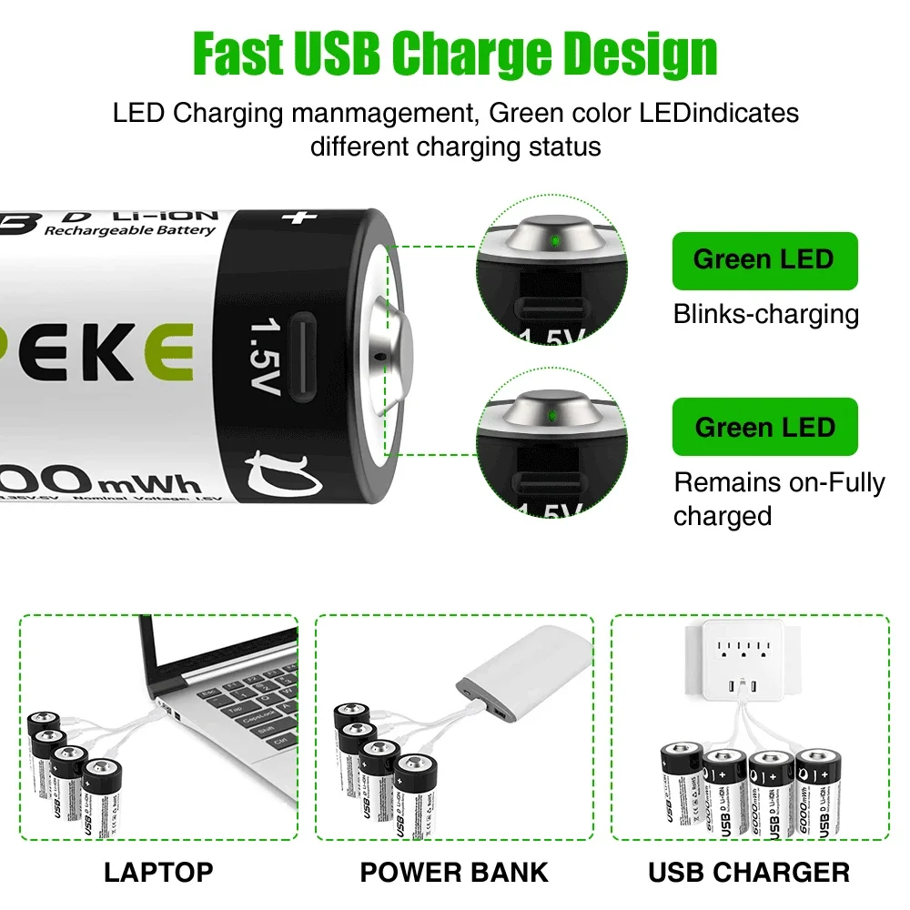 AIPEKE 1.5V D Size 6000mWh Rechargeable Battery r20 rechargeable batteries d size Type-C Charging for Flashlight Gas Cooker