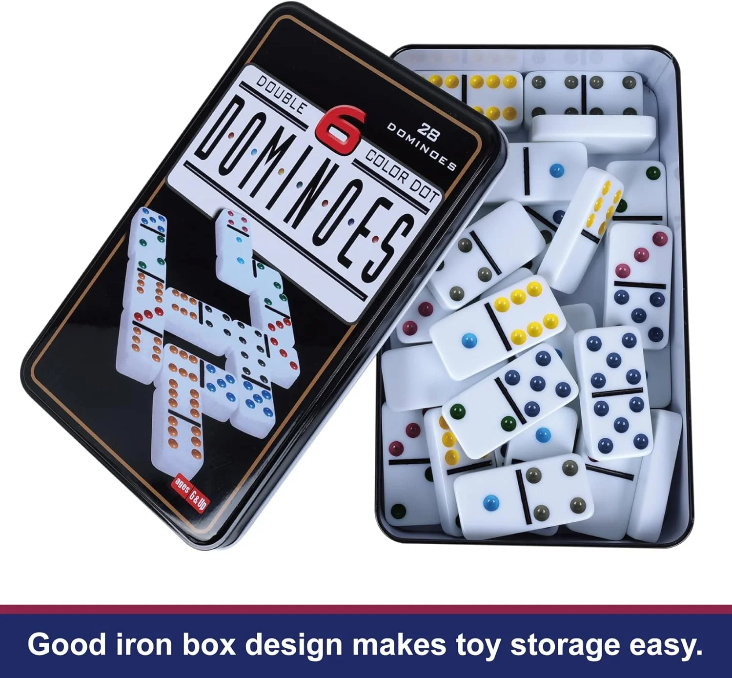 Double 6 Dominos Set for Adults with Tin Box Storage - 28 Tile Colorful Dot Dominoes Games Set for Family Night Gift Travel Game