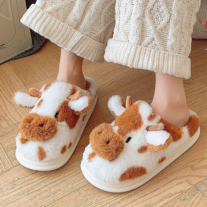 New Winter Cartoon Cow Plush Slippers women 2024 Indoor Non-slip House slides shoes woman soft Toe Wrap Home Cotton Shoes ladies