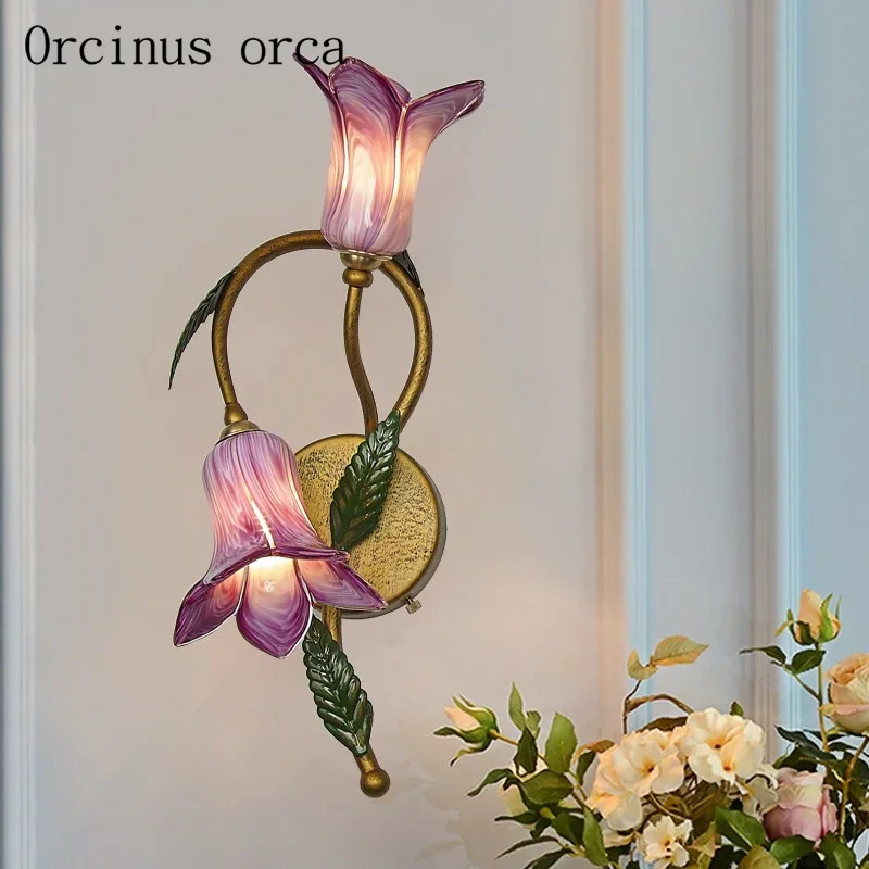 American creative flower wall lamp living room background bedroom bedside lamp garden romantic rose glass wall lamp