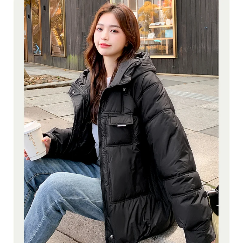 Blue Down Jacket Women Coat Black Hooded Fashion American Streetwear Y2K Style Duck Down Feather Female Winter Short Outwear