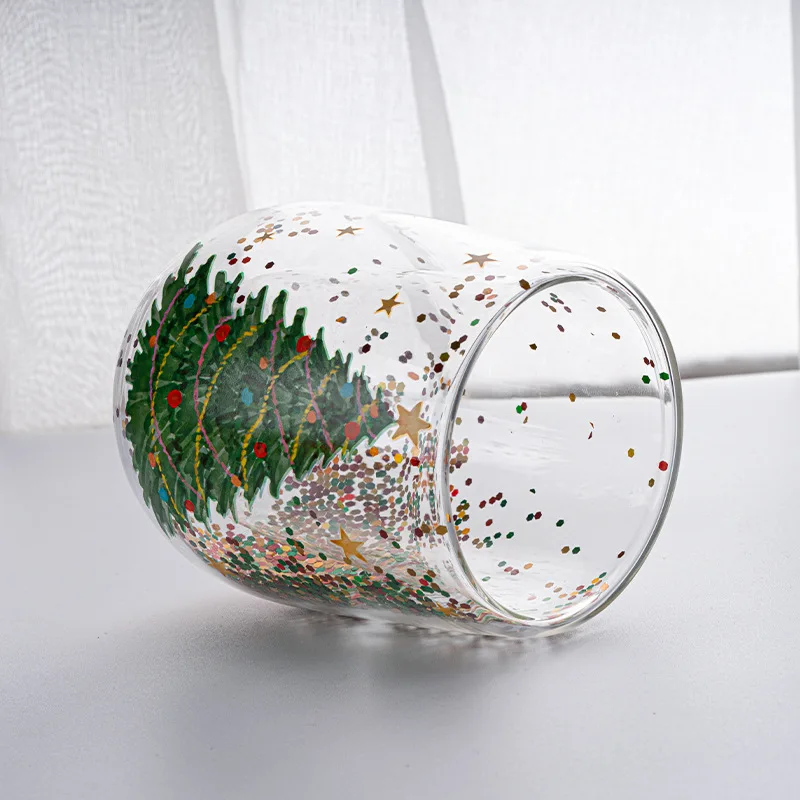 Christmas Tree Glass Cup Double Wall Flowing Sequins Cartoon Cute Heat Insulation Drinking Water Cup Gift for Christmas Birthday