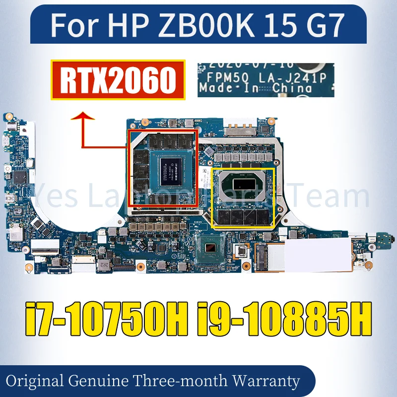 LA-J241P For HP ZB00K 15 G7 Laptop Mainboard i7-10750H i9-10885H RTX2060 N18E-G1R-MP-A1 With RAM M14887-601 Notebook Motherboard