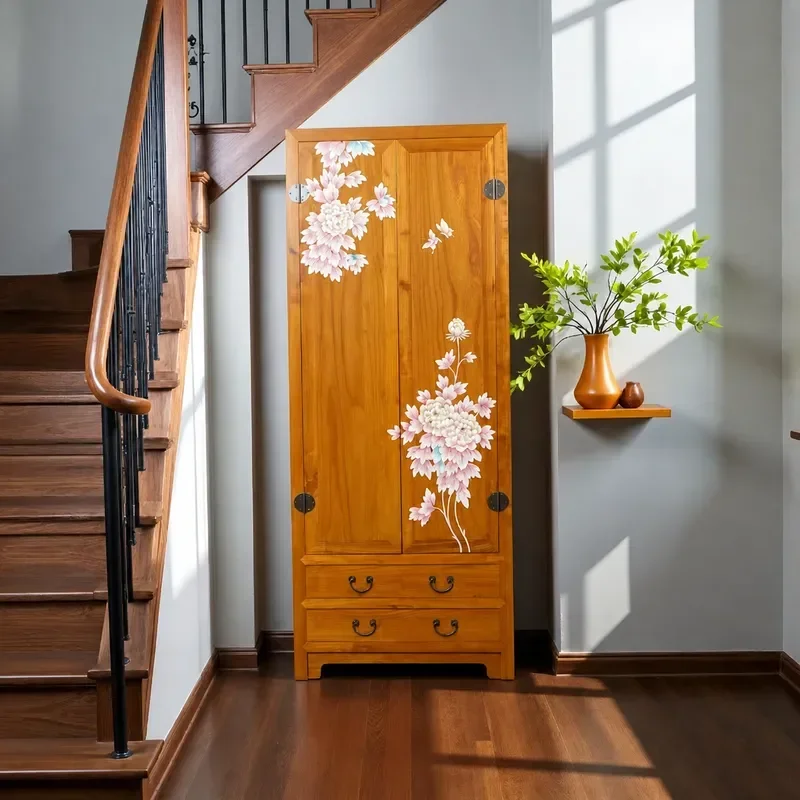 New Chinese Style Painted Solid Wood Wardrobe Double Door Vertical Cabinet Simple Bedroom Storage Locker Furniture