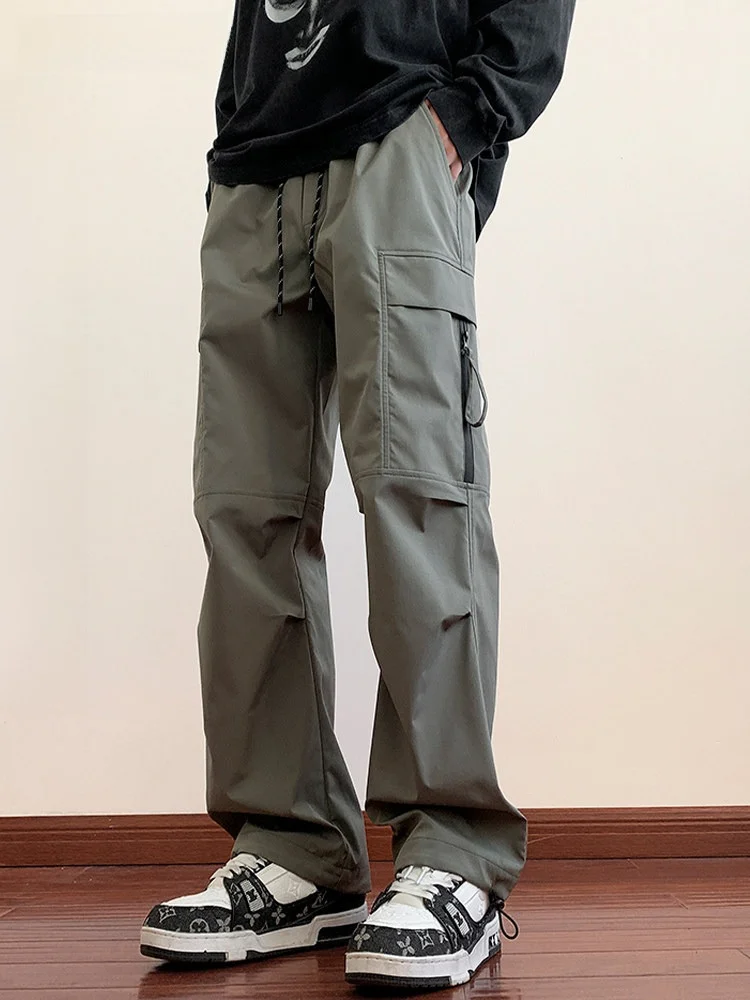 

VIIOW Men's Casual Pants American Hiphop Workwear Wide Leg Trousers with Big kets Zipper Design Breathable Summer Leisure