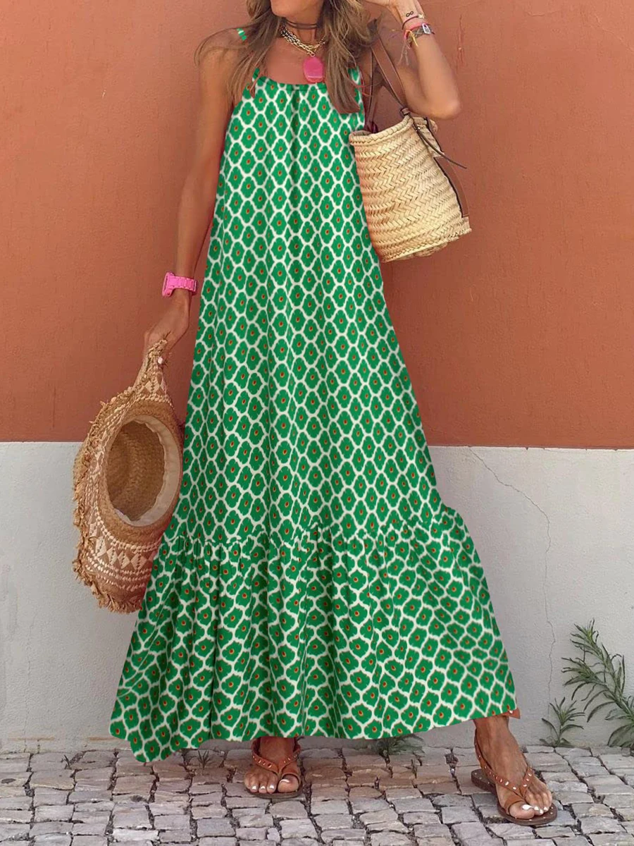 Vestido Boho longo sem mangas feminino, estampa solta, cinta de espaguete, vestidos esvoaçantes, vestido de verão boêmio, praia, coquetel de festa, verão