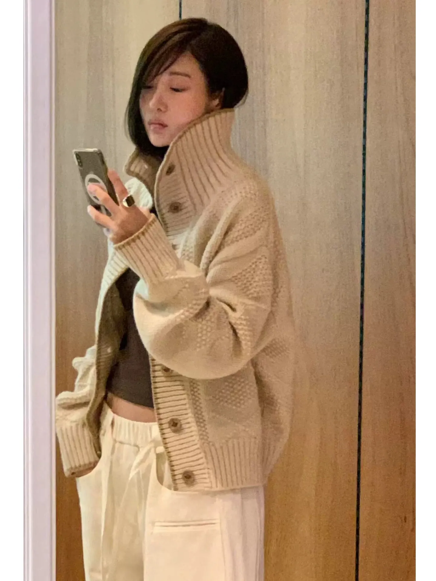 Heavy-Weight Knitted Open Cardigan Sweater Women's Autumn Winter New Loose Thickened Stand Collar Color Block Outerwear Top