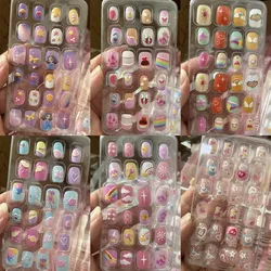 24pcs Detachable Child Cute False Nails Wearable Candy Cartoon Kids Fake Nails Artificial Full Cover Nail Tips for Girls Patch *
