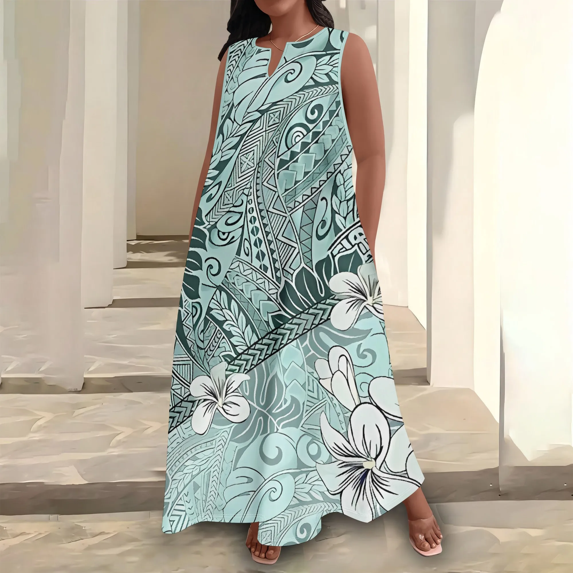 

Nupusa Tribal Geometric White Flower Print Dress for Women Plus Size Casual Keyhole Neck Sleeveless Maxi Dress