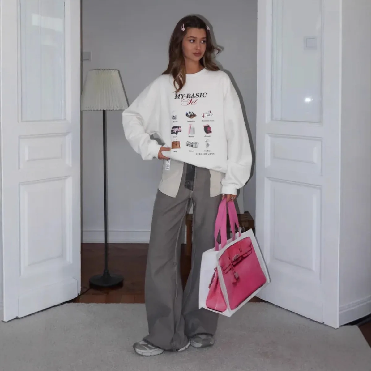 Fashion Design Unique Printed Cute Sweatshirts for Russian Girls Lovely Crew Neck White Hoodie Loose Oversized Leisure Y2K Top