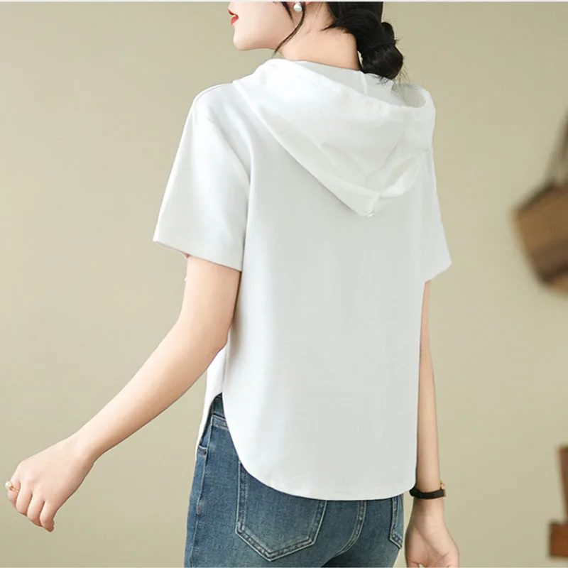 New Women's 2024 Summer Solid Color Hooded Zipper Drawstring Fashion Loose Casual Pure Cotton Short Sleeved T-shirt Tops