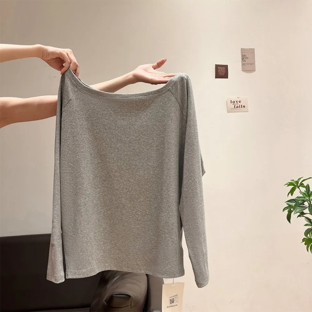 Lässiges Herbst-Winter-Oberteil mit einer Schulter, langen Ärmeln, einfarbig, schulterfreies T-Shirt, Oversize-Basis-T-Shirt für Jugendliche – Detail 10