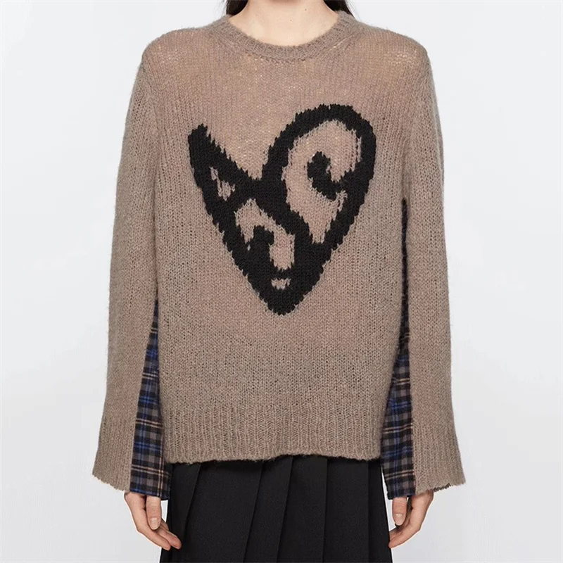 

Women's sweater 2024 Autumn New Heart Shaped Printed Long Sleeve Top Fashion patchwork round neck pullover mohair blend knitwear