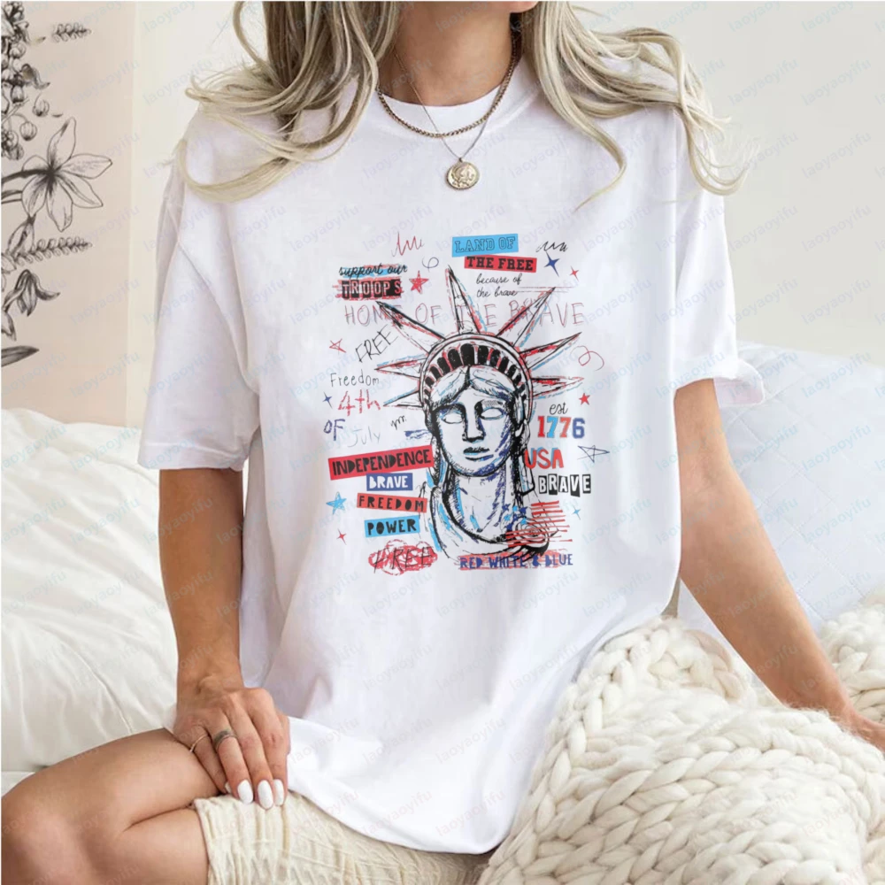 

Independence Day Tee for Women Statue of Liberty Graphic Tops Patriotic Casual Tee Celebration Festival Vintage Trend Ropa Mujer