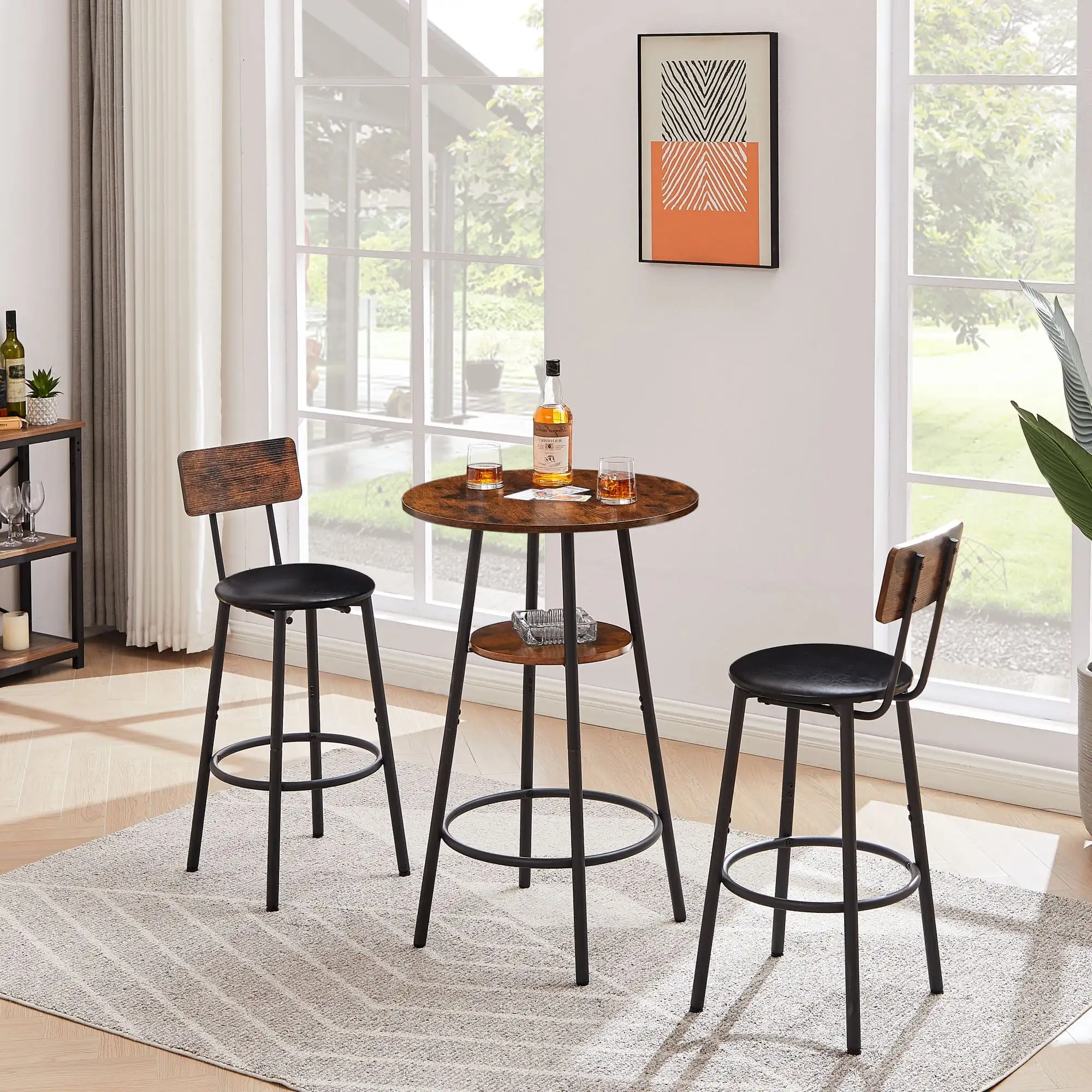3-Piece Bar Table Set, Round Pub Dining Table & PU Upholstered Stools with Backrest for Kitchen Small Space, Rustic Brown